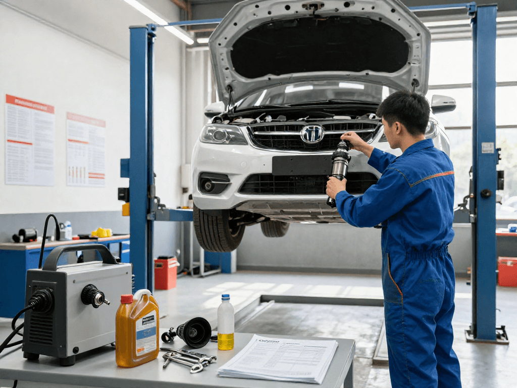 DPF reinigen: Mechaniker prüft DPF-System in Werkstatt mit professionellem Equipment.