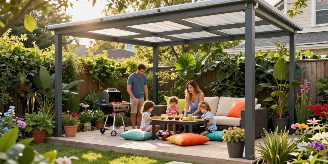 Moderne Terrassenüberdachung aus Aluminium im Garten mit einer Familie, die gemeinsam Zeit verbringt und Grillgerichte zubereitet.