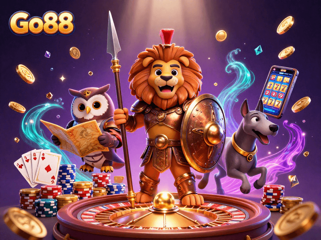 Join the action at Go88 with golden coins cascading around a Spartan lion, tactical owl, and greyhound.