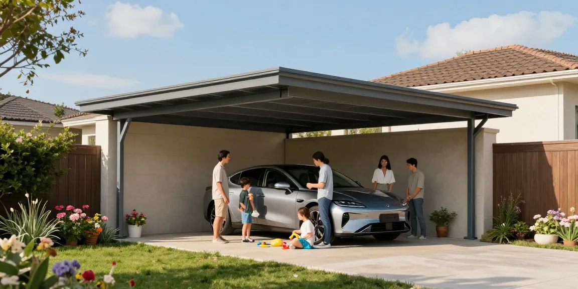 Moderne Carport mit einer Familie, die im sonnigen Garten zusammenkommt.