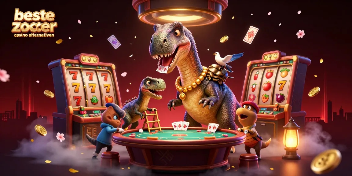 Die besten Zoccer Casino Alternativen erkunden mit einem Brontosaurus, der Pokerkarten verteilt, umgeben von Spielautomaten und Glückssymbolen.