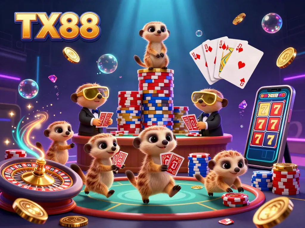 Engage in thrilling gameplay at TX88, with vibrant meerkats operating a dynamic casino scene filled with shimmering coins and roulette wheels.