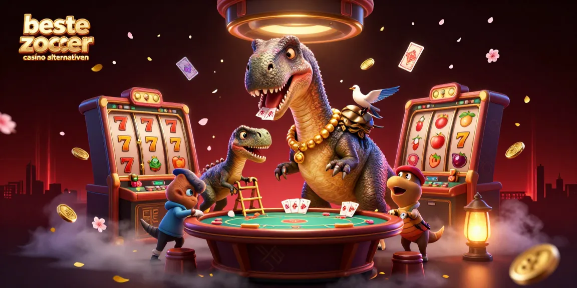 Die besten Zoccer Casino Alternativen erkunden mit einem Brontosaurus, der Pokerkarten verteilt, umgeben von Spielautomaten und Glückssymbolen.