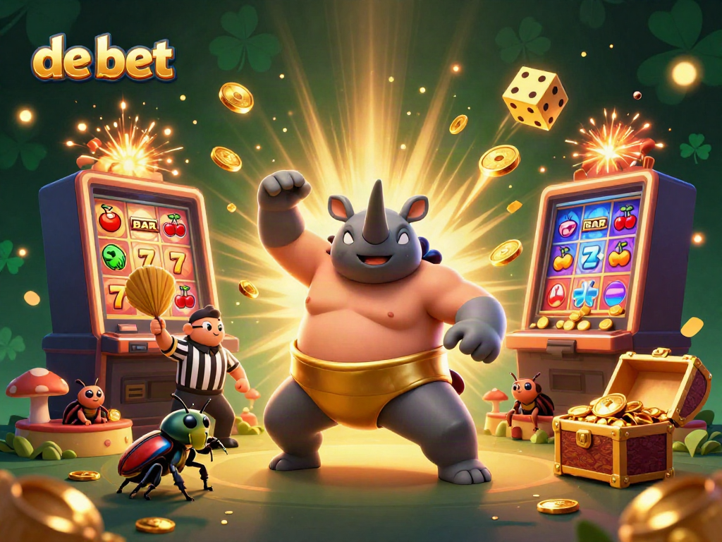 Engaging scene of de bet featuring a rhinoceros beetle sumo champion amidst a vibrant casino atmosphere.