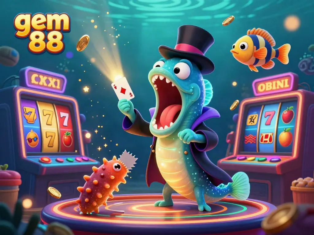 Engage in thrilling casino action with gem 88 as a bioluminescent eel performs magic tricks amid sparkling slot game machines.