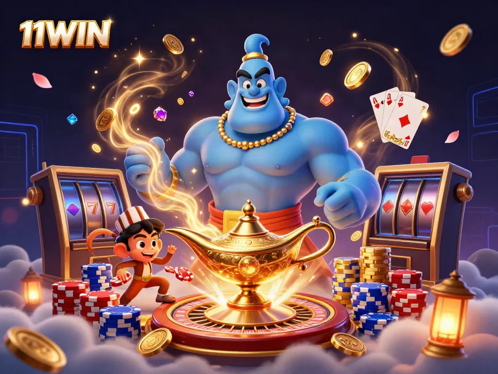 Experience the thrill of 11WIN with genie and poker chips in a vibrant casino scene.