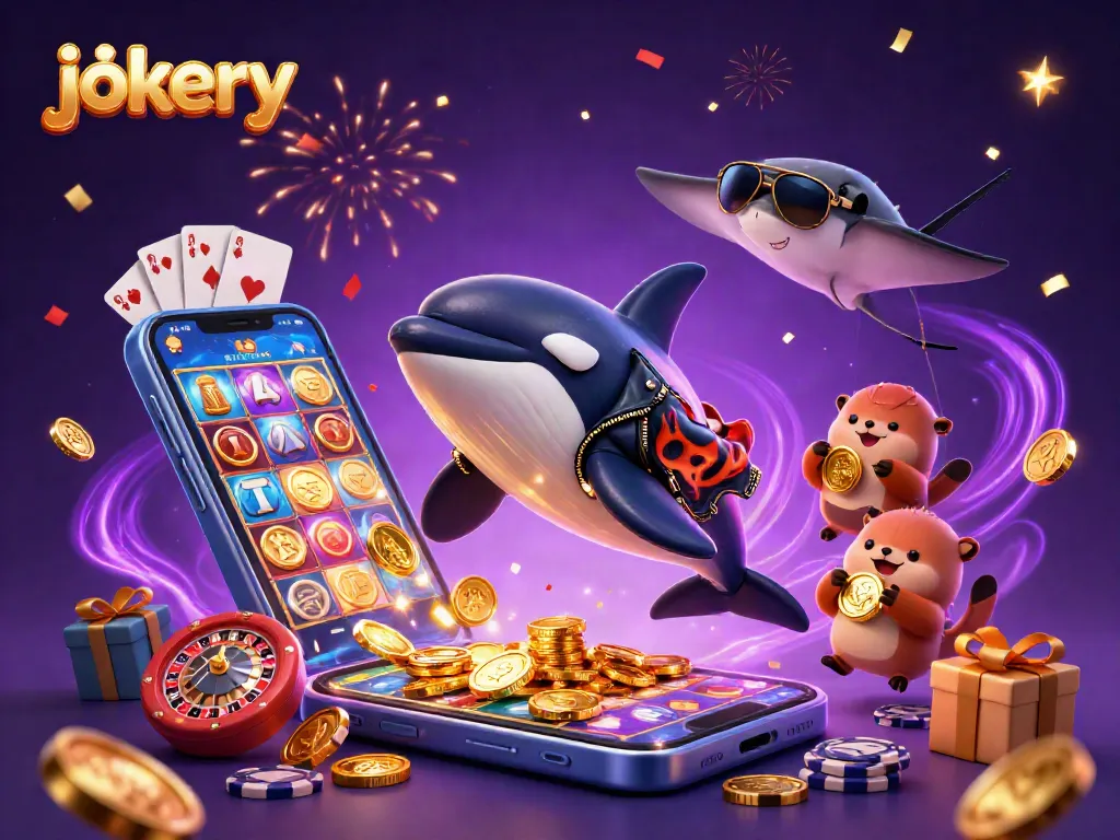 Experience the jokery excitement with vibrant casino characters and dynamic elements in this 3D illustration.