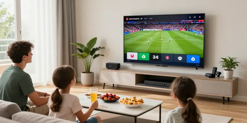 Enjoying 4K live sports streaming with upip-tv.de in a cozy home setting.