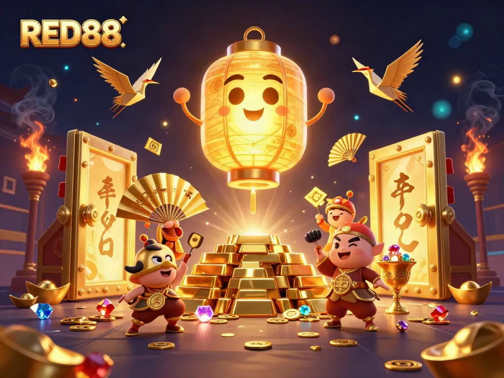 Engage in energetic gaming at RED88 with glowing spirits and treasure embers in a vibrant casino illustration.