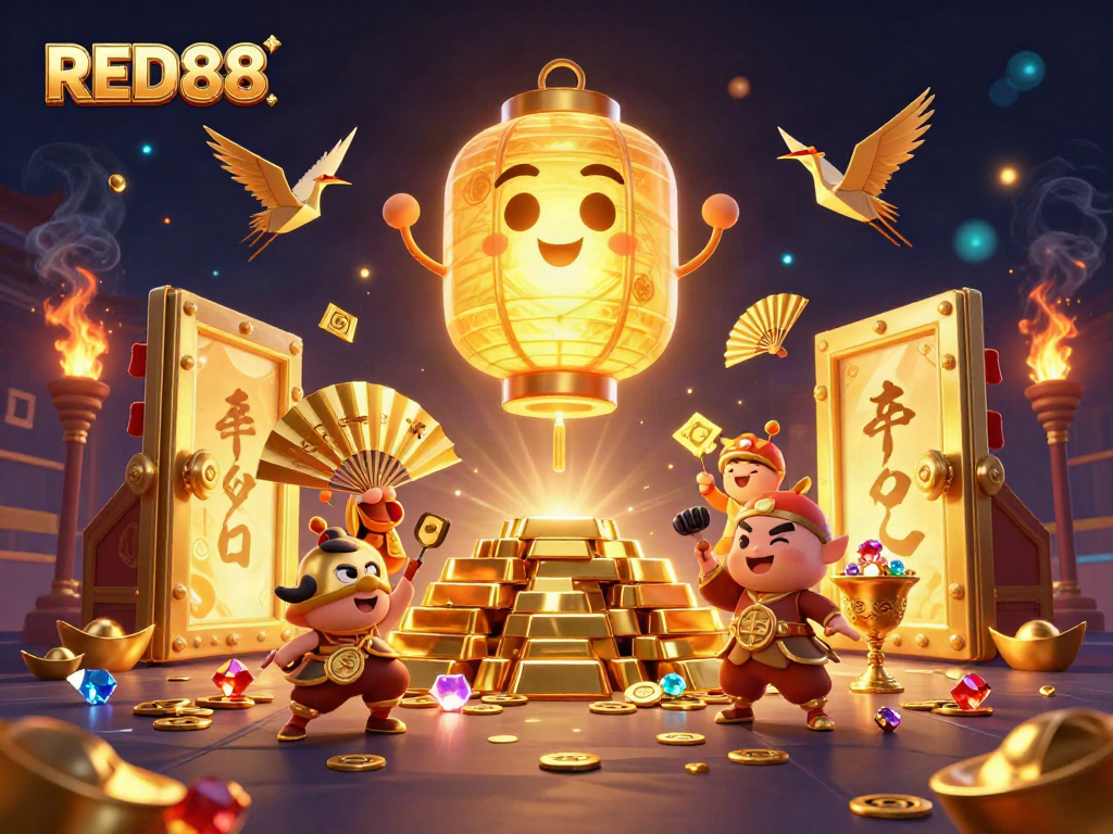 Engage in energetic gaming at RED88 with glowing spirits and treasure embers in a vibrant casino illustration.