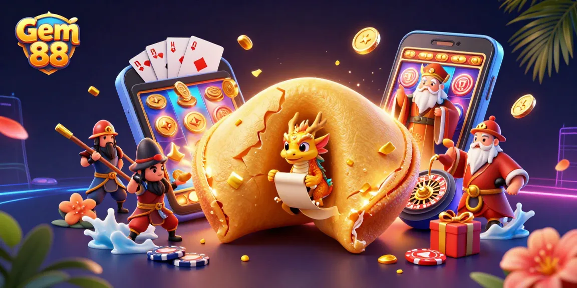 Experience the excitement of Gem 88 with a vibrant 3D illustration of treasures and gaming elements.