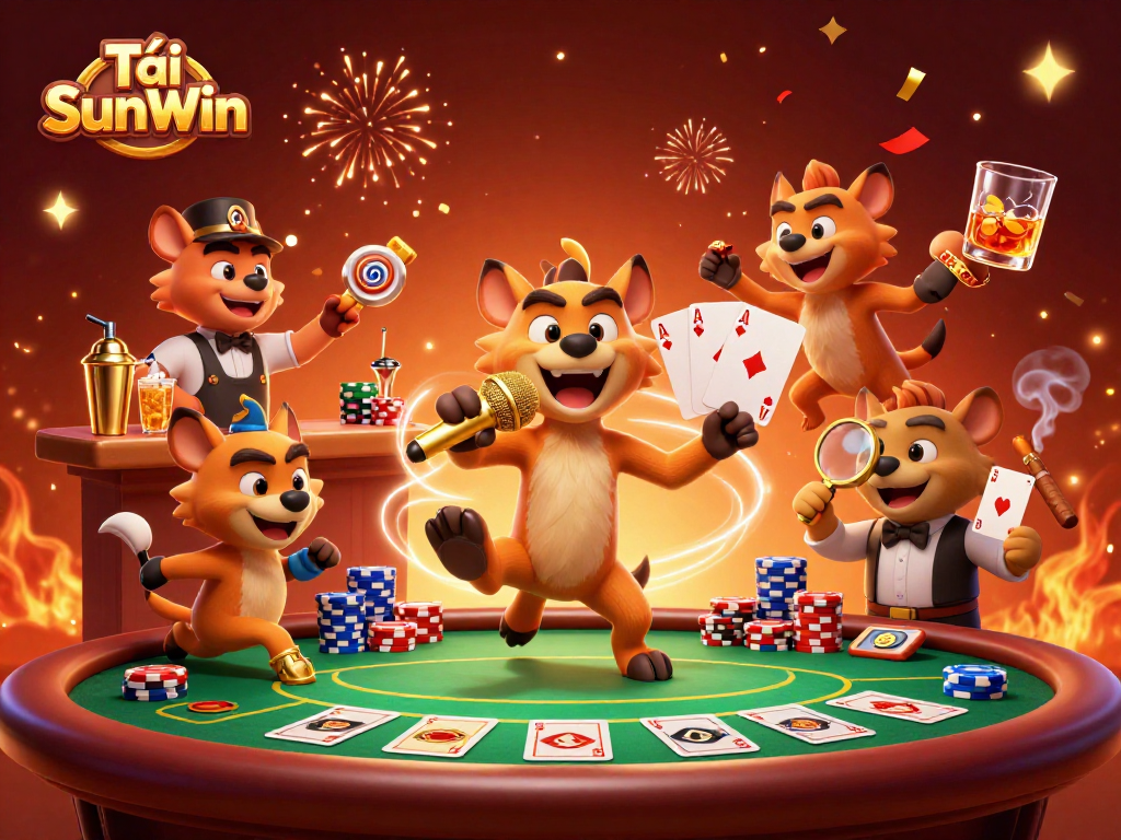 Experience Tải SunWin with lively hyenas at a comedy casino club surrounded by vibrant gambling elements.
