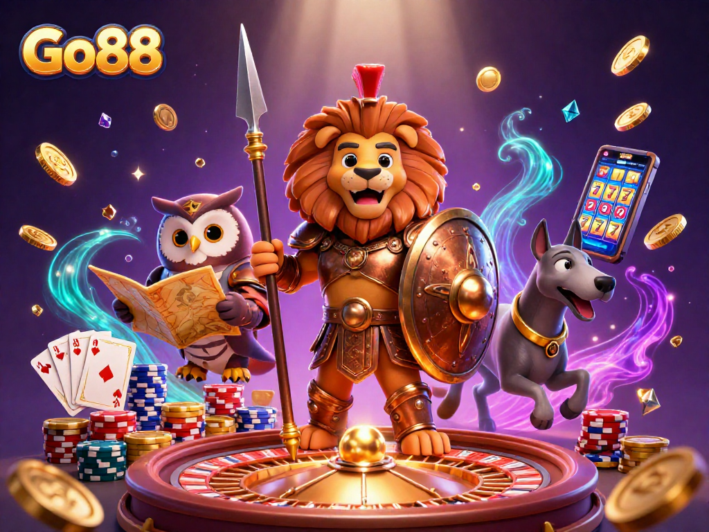 Join the action at Go88 with golden coins cascading around a Spartan lion, tactical owl, and greyhound.