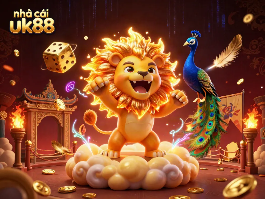 Engage in dynamic gaming with nhà cái uk88, featuring a roaring sun lion and golden dice.
