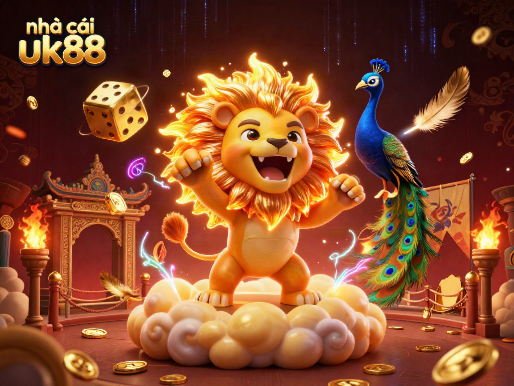 Engage in dynamic gaming with nhà cái uk88, featuring a roaring sun lion and golden dice.