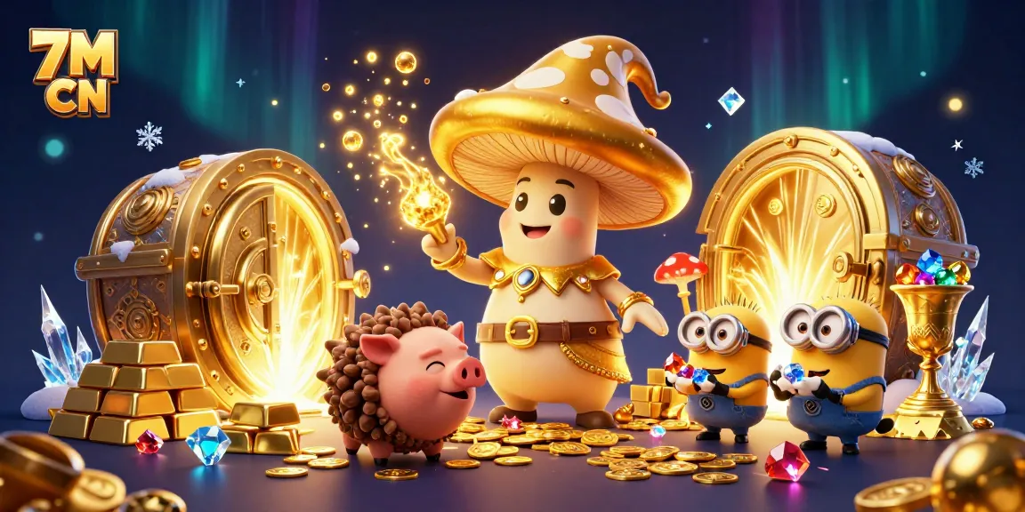 Experience innovative gaming excitement with 7M CN as a golden wizard transforms treasures in this vibrant illustration.