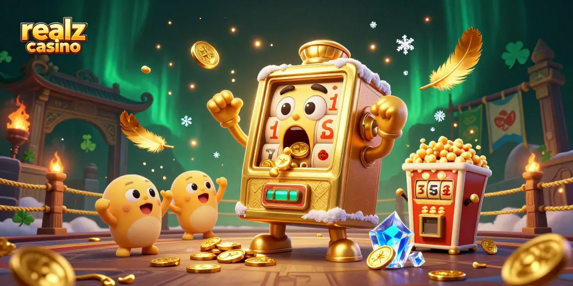 Experience realz casino with a golden slot machine hitting its jackpot, amid a vibrant celebration of coins and gaming excitement.