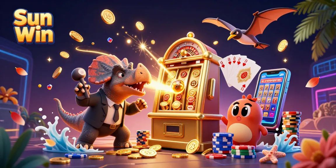 Experience the thrill of Sun Win with a cartoon dinosaur winning a jackpot at a casino!