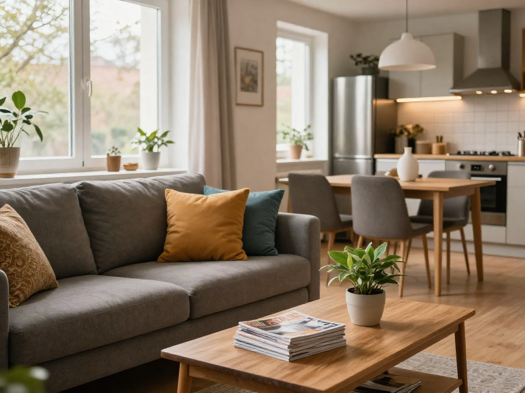 Gemütliches Wohnzimmer eines möblierten Monteurzimmers in Hannover, einladende Atmosphäre für Reisende.