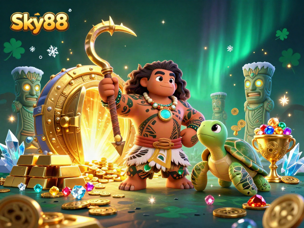 Sky88 showcases an epic casino adventure with a demigod hawk, treasure vault, and glowing gemstones.