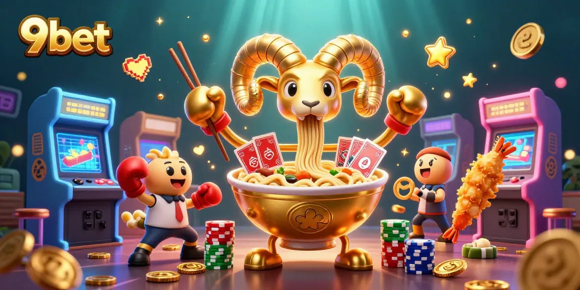 9bet features a playful casino scene with a giant ramen bowl dealer, gyoza, and sushi dealer.