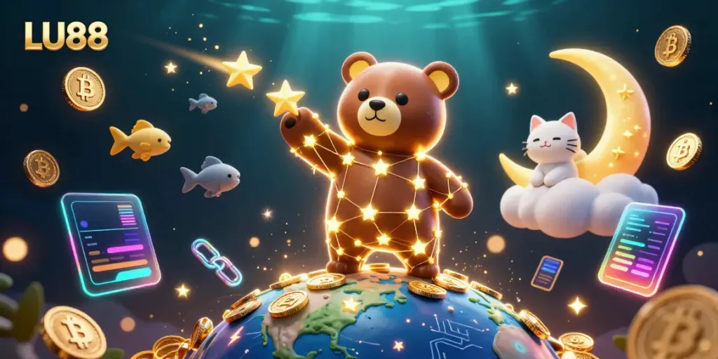 Experience the enchanting journey of LU88's constellation bear in a vibrant casino scene.