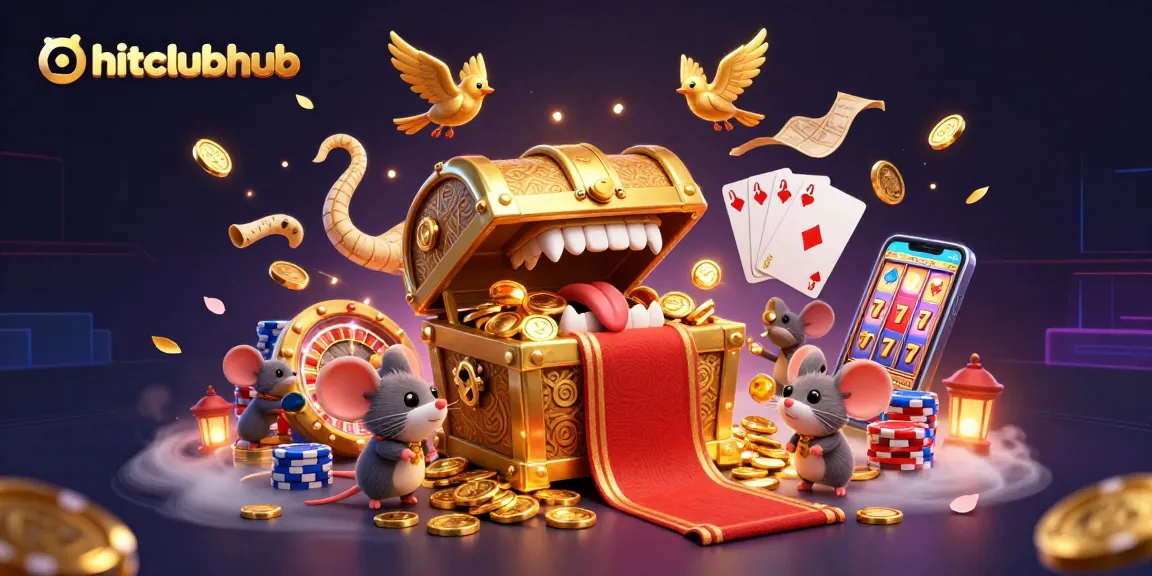 Interact with hitclubhub's exciting casino adventures featuring a treasure chest and a vibrant casino atmosphere.