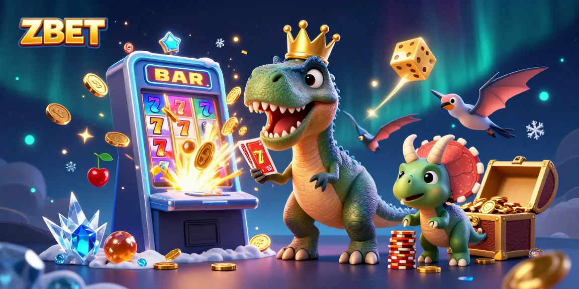 Engaging scene of ZBET featuring a T-Rex shuffling cards, vibrant casino elements, and colorful chips.