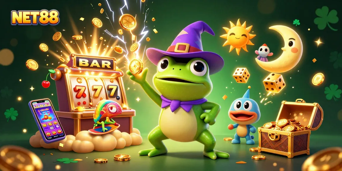 Engage with NET88 in a vibrant 3D casino world filled with golden coins and colorful games.