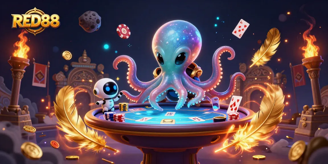 Engage thrillingly with RED88 at a holographic poker table featuring an alien octopus and robot companion.
