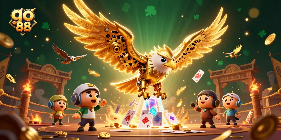 Experience thrilling wins with go 88, showcasing a golden eagle among holographic cards in an exciting casino scene.