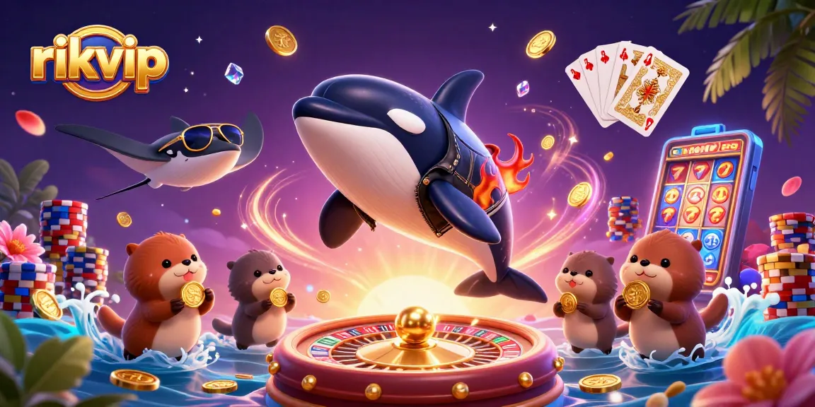 Win big with rikvip in this vibrant casino scene featuring characters and golden treasures.