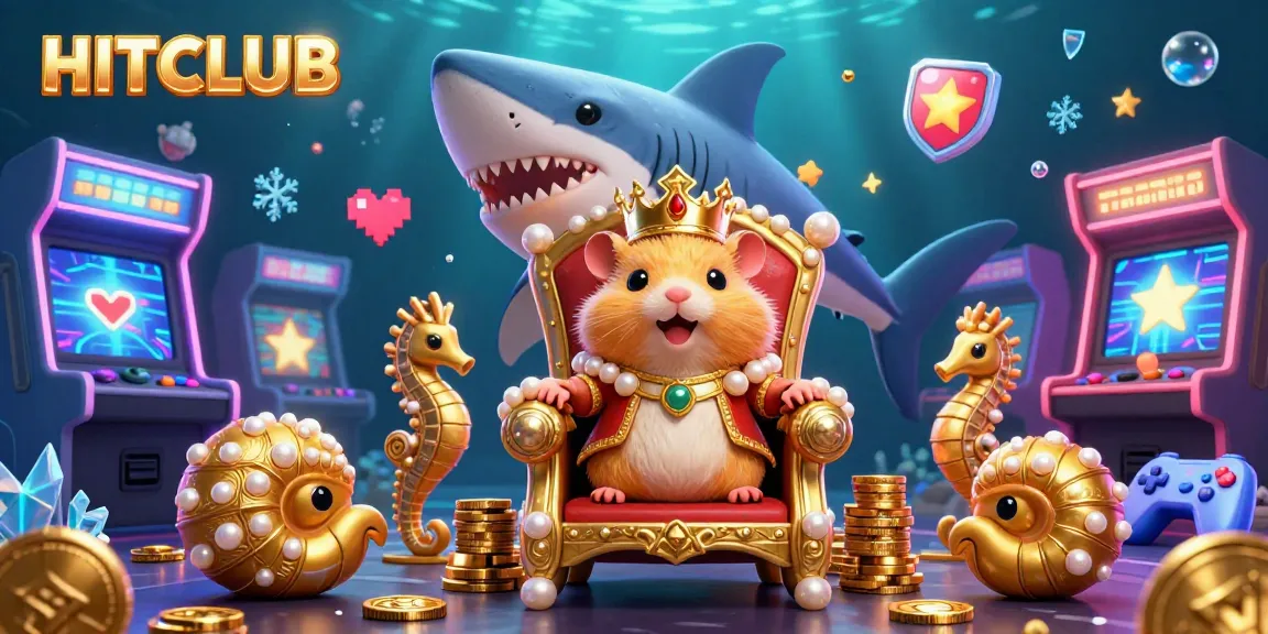 Engage with HITCLUB's vibrant gaming universe featuring a golden hamster king with arcade elements and royal seahorse guards.