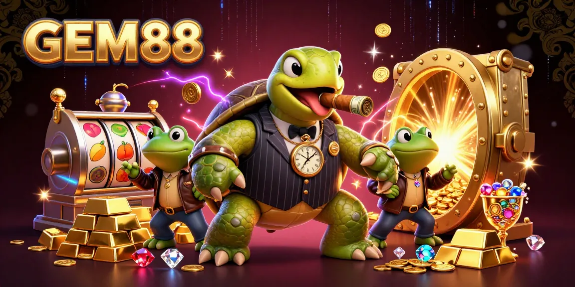 Experience GEM88 with a vibrant 3D illustration showcasing lively slot games and animated characters.