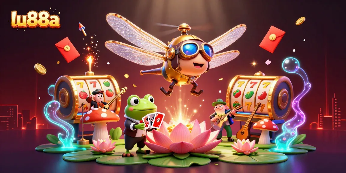 Experience thrilling gameplay at lu88a with a dragonfly pilot and frog dealer in a lively casino scene.