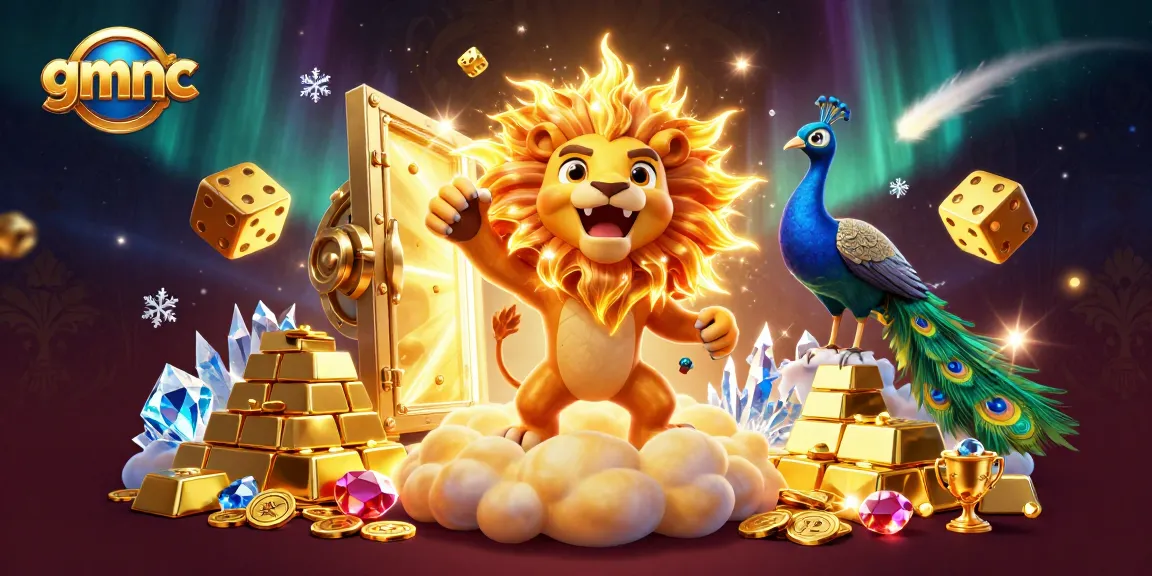 Engage with gmnc vibrant 3D casino illustration showcasing a golden lion and cosmic dice
