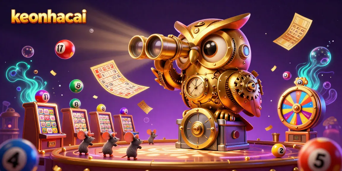 Experience thrilling luck with keonhacai as a golden owl surveys the casino floor amid vibrant lottery elements.