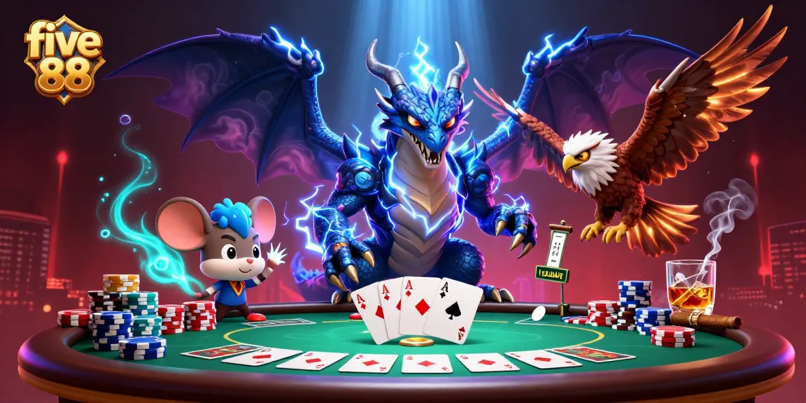 five 88 poker scene featuring a powerful dragon and poker elements in a dazzling casino atmosphere