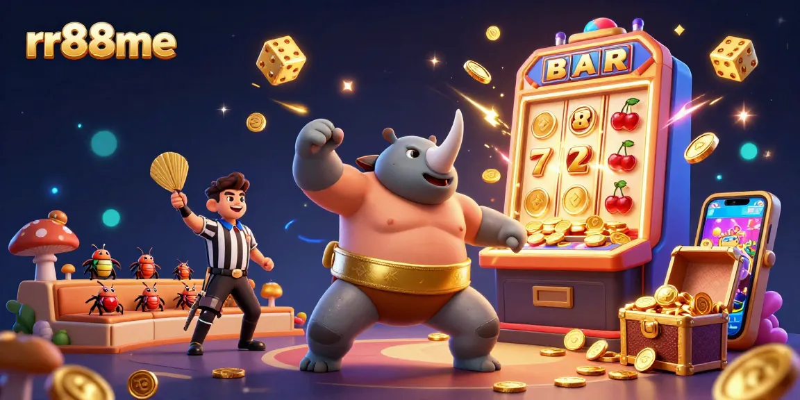 rr88me showcases a vibrant scene of gaming excitement with a beetle champion and dynamic slot elements.