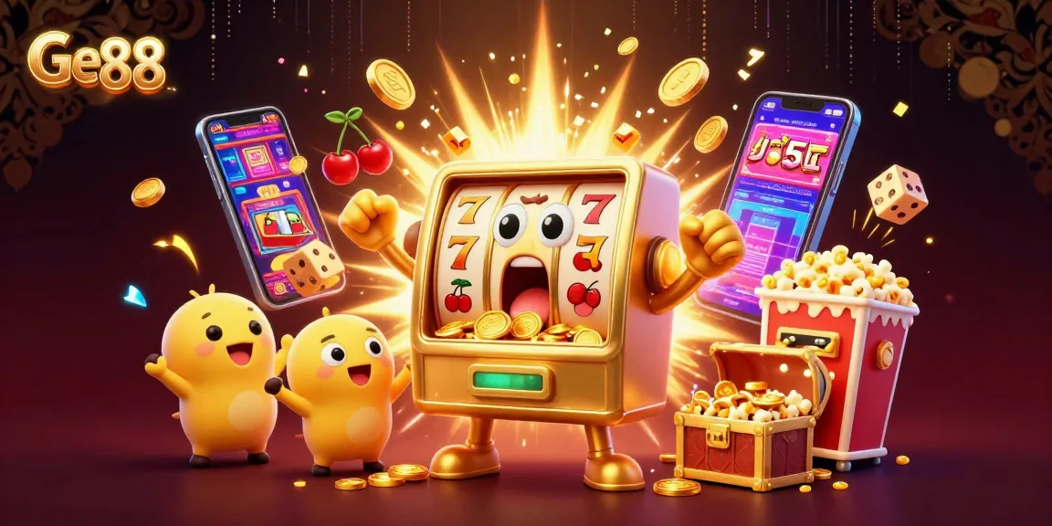 Experience the excitement of Gem 88 as golden slot machines celebrate a jackpot victory, showering coins and symbols.