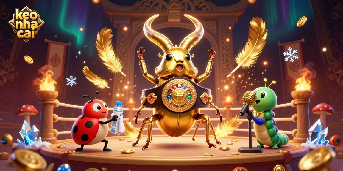 Bet on keo nha cai with a dynamic illustration showcasing a contest among a golden stag beetle, ladybug, and caterpillar.