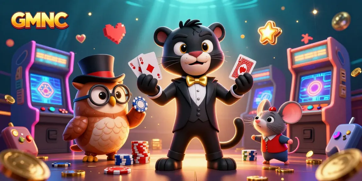GMNC casino scene with a stylish panther dealing cards, surrounded by colorful gambling elements.