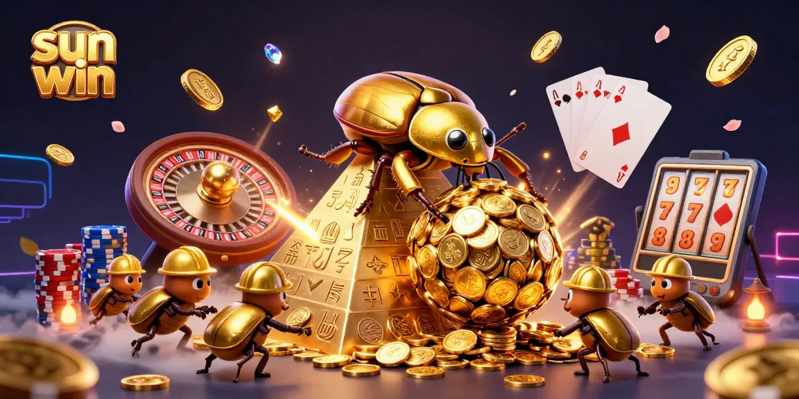 Experience sun win with a vibrant scene of golden beetles rolling coins amidst sparkling casino elements.