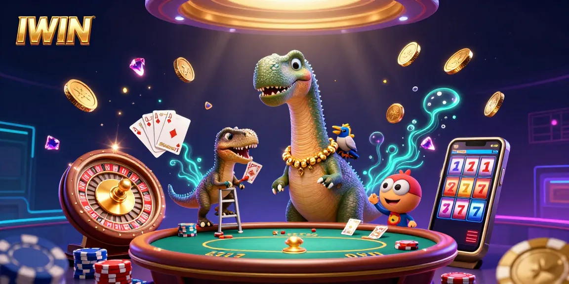 Experience winning thrill with IWIN's vibrant 3D casino scene featuring dynamic characters and engaging gaming elements.