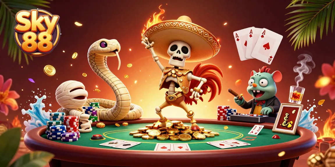 Experience Sky 88 with a festive illustration of characters celebrating wins at a poker game.