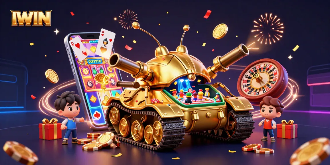 IWIN's amazing gaming experience with a golden tank revealing a mini casino and confetti celebration.