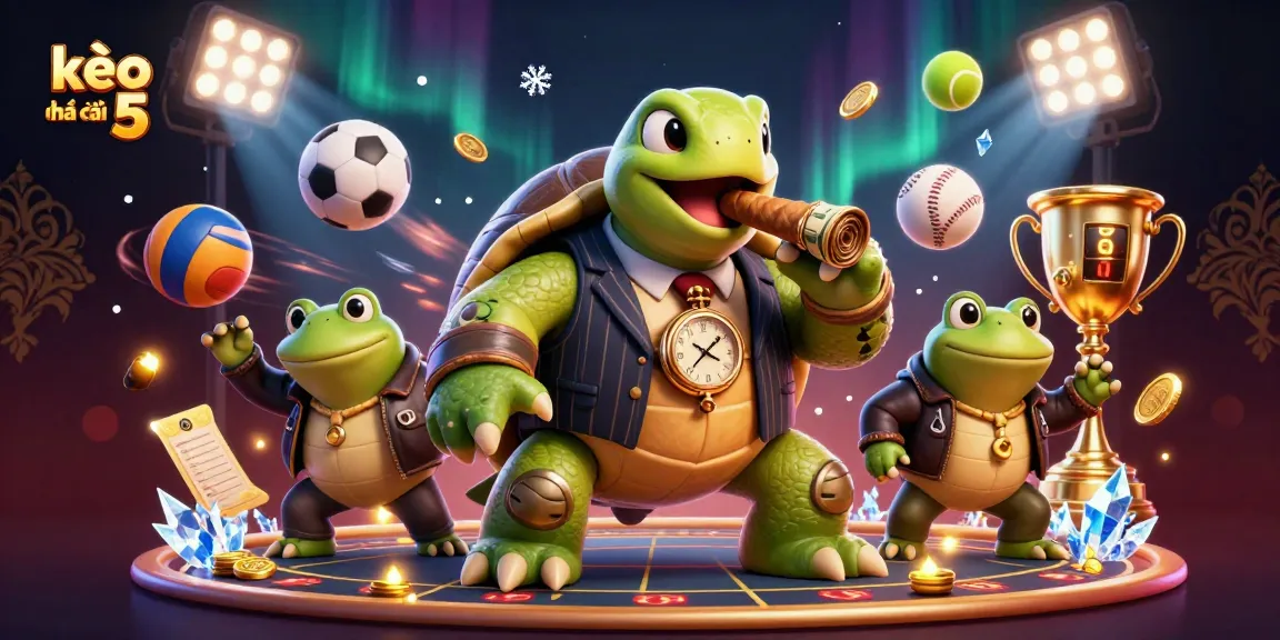 Engaging kèo nhà cái 5 visual featuring a snapping turtle and bullfrogs amidst vibrant casino elements.