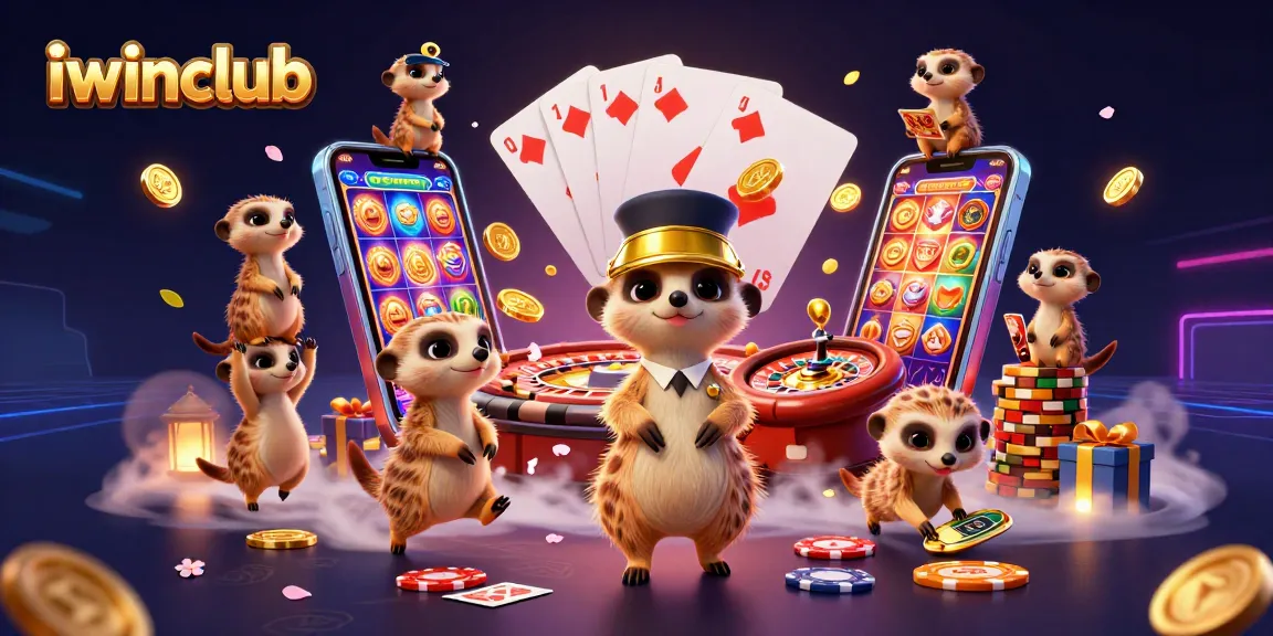 iwinclub meerkats orchestrating a vibrant casino scene with dynamic gaming elements and festive details