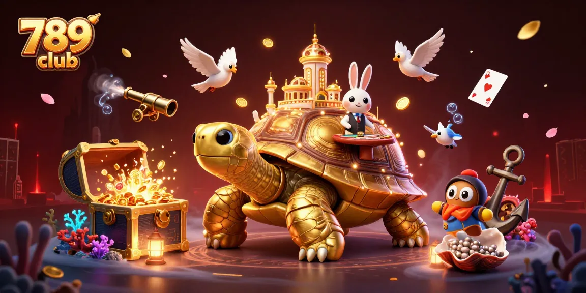 Experience the fun of the 789 club with a vibrant casino illustration featuring a golden tortoise and dealer.
