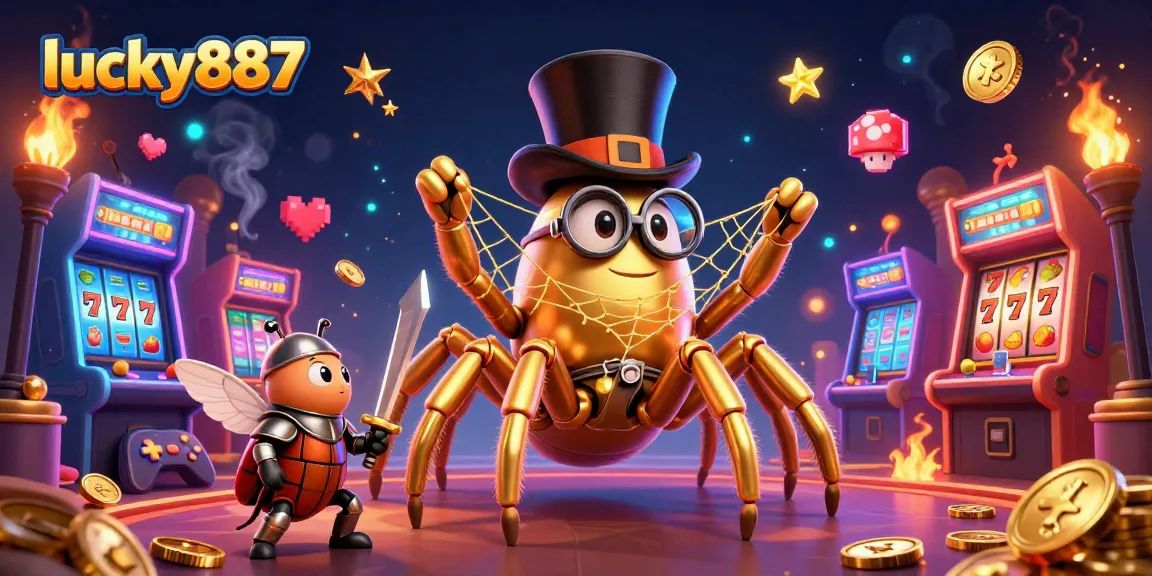 Engaging lucky887 casino illustration featuring a golden tarantula and beetle knight in a vibrant gaming scene.